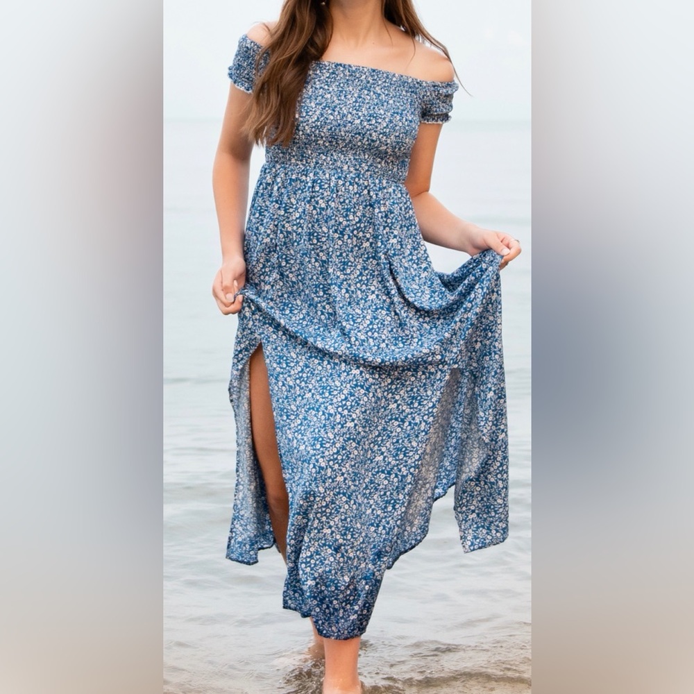 Blue Floral Off-Shoulder Dress
